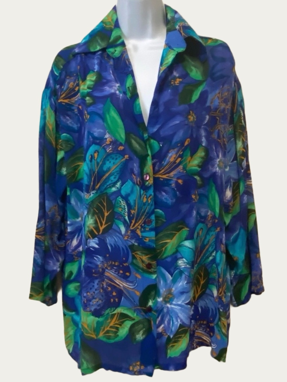 Oscar de la Renta Vintage Blue/green Floral Swimwear Blouse Coverup Small